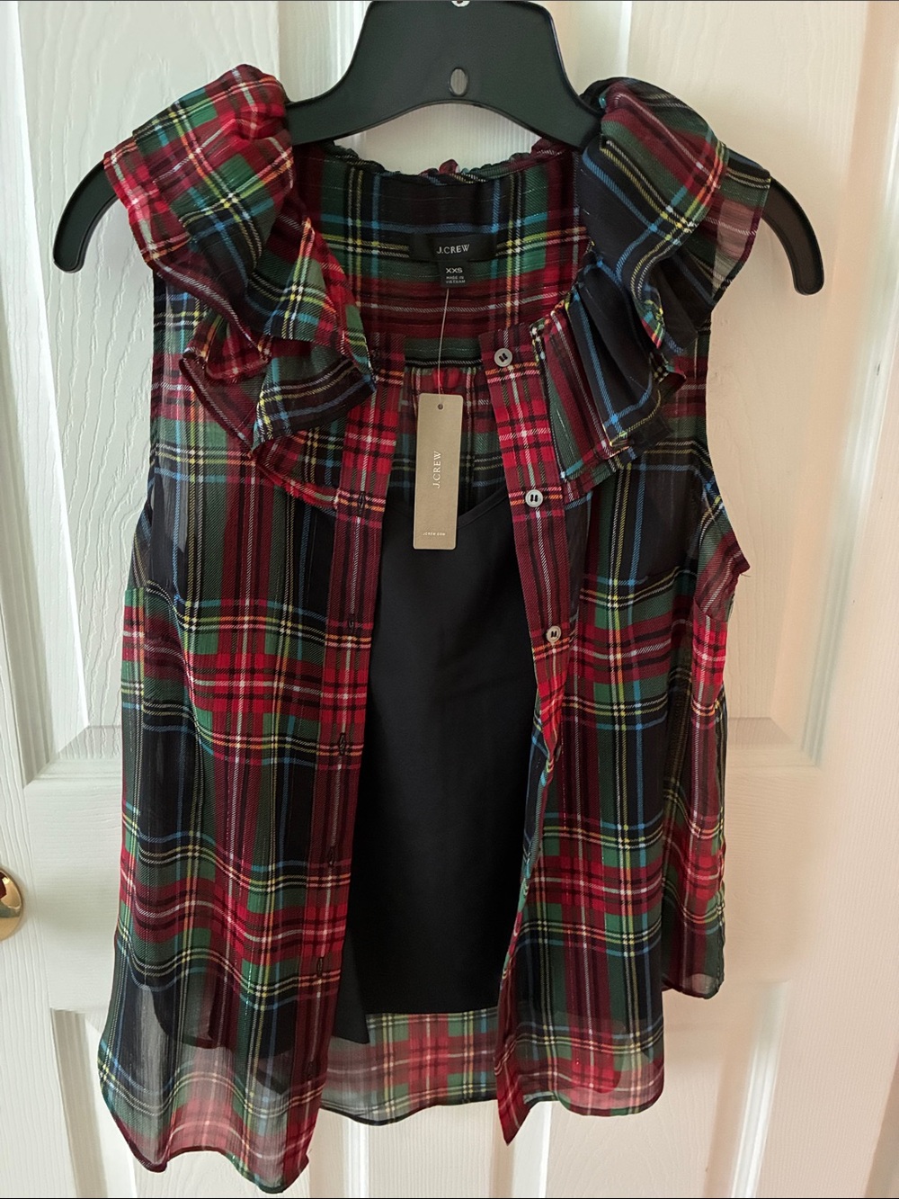 J. Crew Red Green Navy Plaid Ruffle Sleeveless Blouse